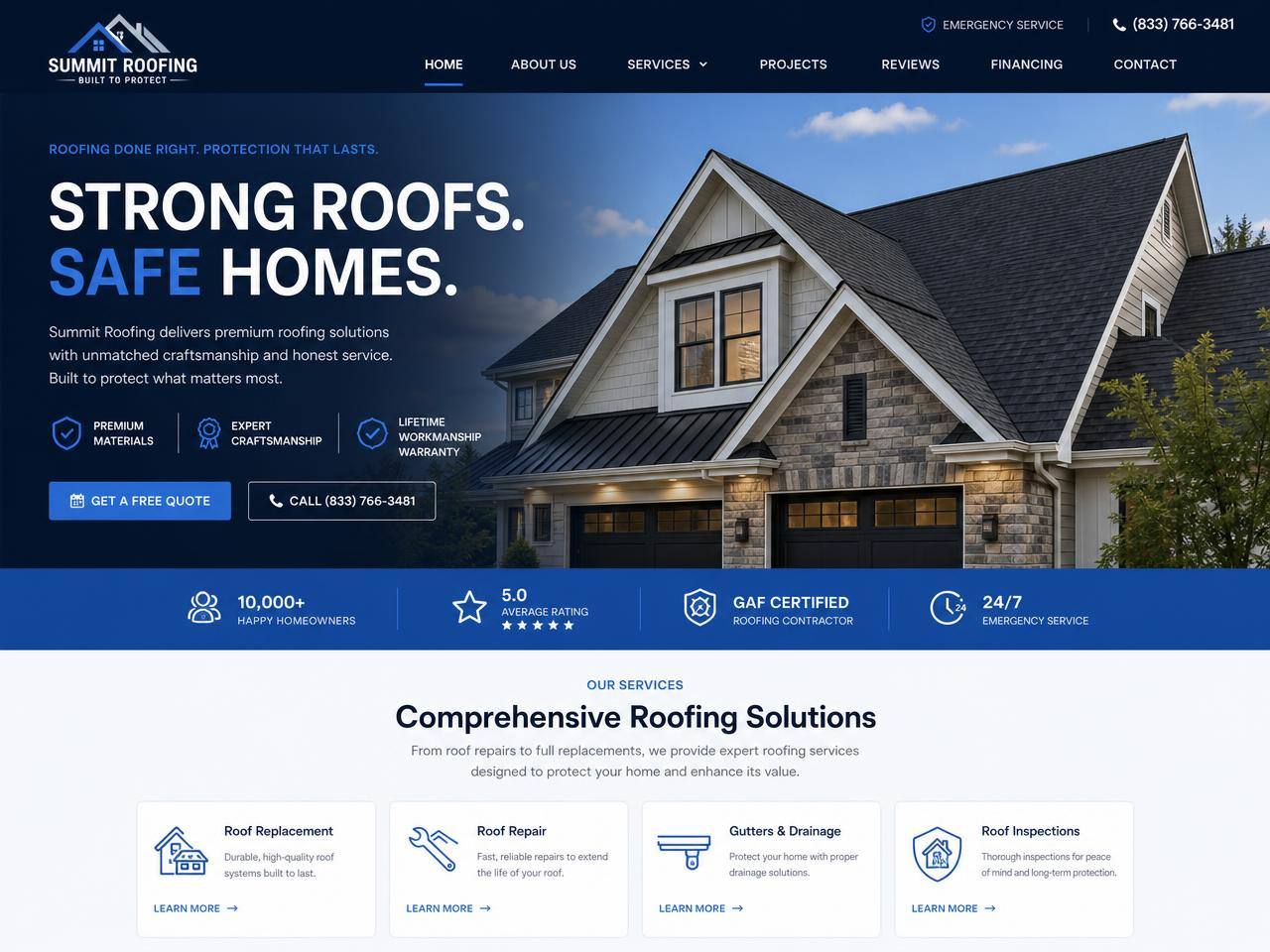 Concept website design for a local roofing company shown on desktop